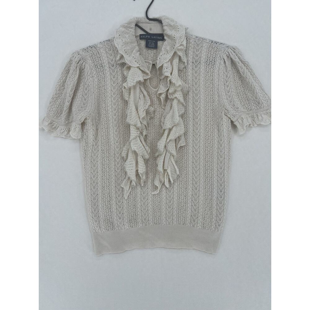 Ralph Lauren Womens M Silk Linen Knit Sweater Top Ivory Ruffle Lace Short Sleeve